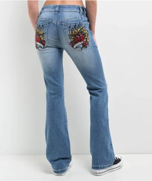 Ninth Hall Alyssia Rose Rhinestone Blue Wash Bootcut Jeans