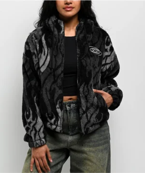 Ninth Hall Aven Flames Grey Sherpa Zip Hoodie