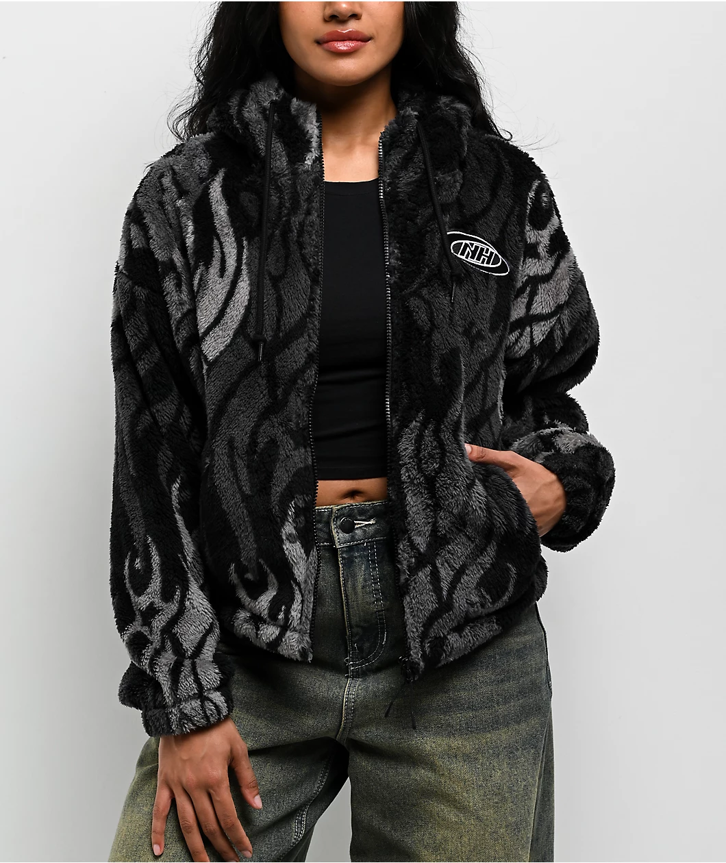 Ninth Hall Aven Flames Grey Sherpa Zip Hoodie