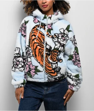 Ninth Hall Aven Tiger Cherry White & Blue Sherpa Zip Hoodie