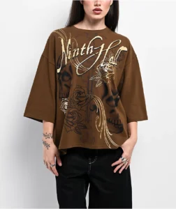 Ninth Hall Ciara Foil Print Brown Oversized Boxy T Shirt 404116 front US