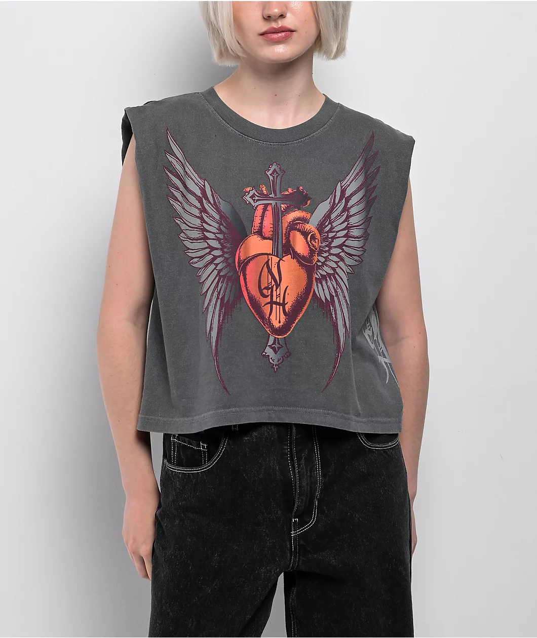 Ninth Hall Cross My Heart Charcoal Crop Tank Top