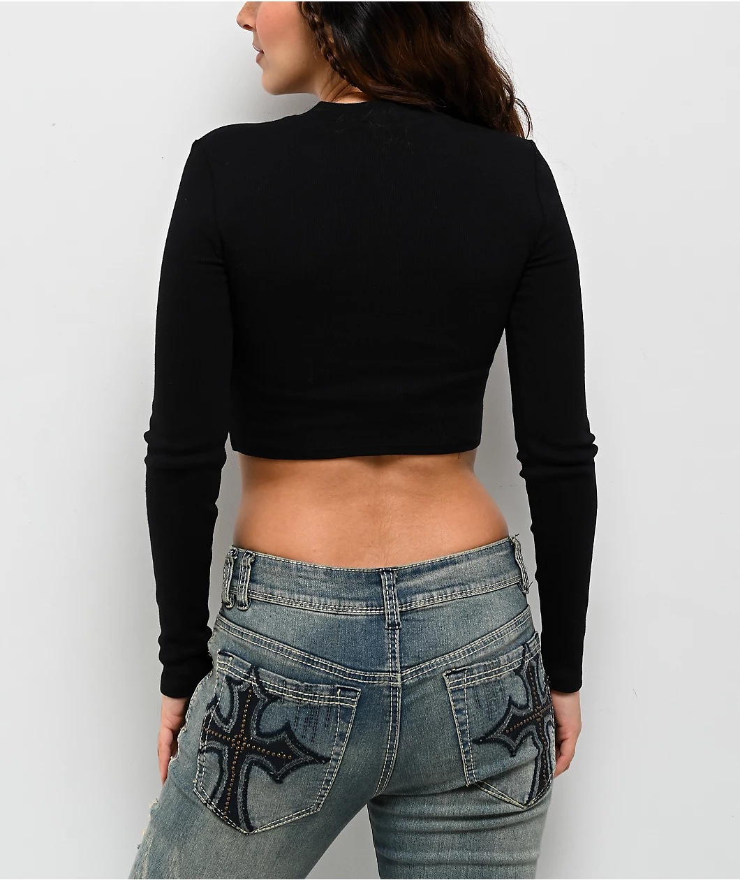 Ninth Hall Krystie Lace Up Black Long Sleeve Crop T-Shirt - Image 2