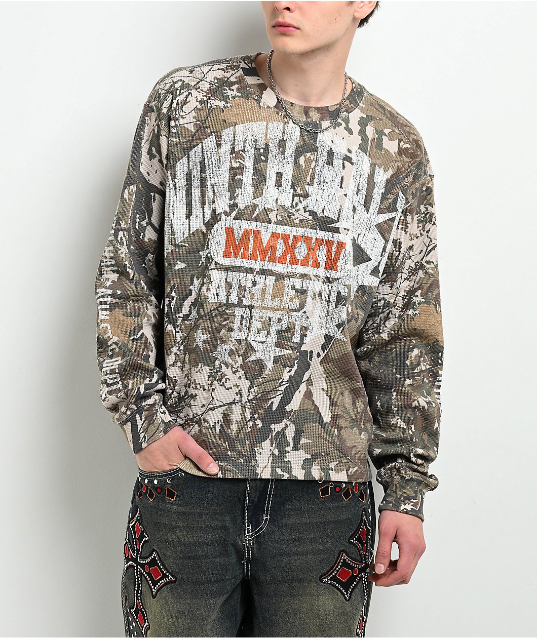 Ninth Hall Layered Text Camo Long Sleeve Thermal T Shirt 411381 front US