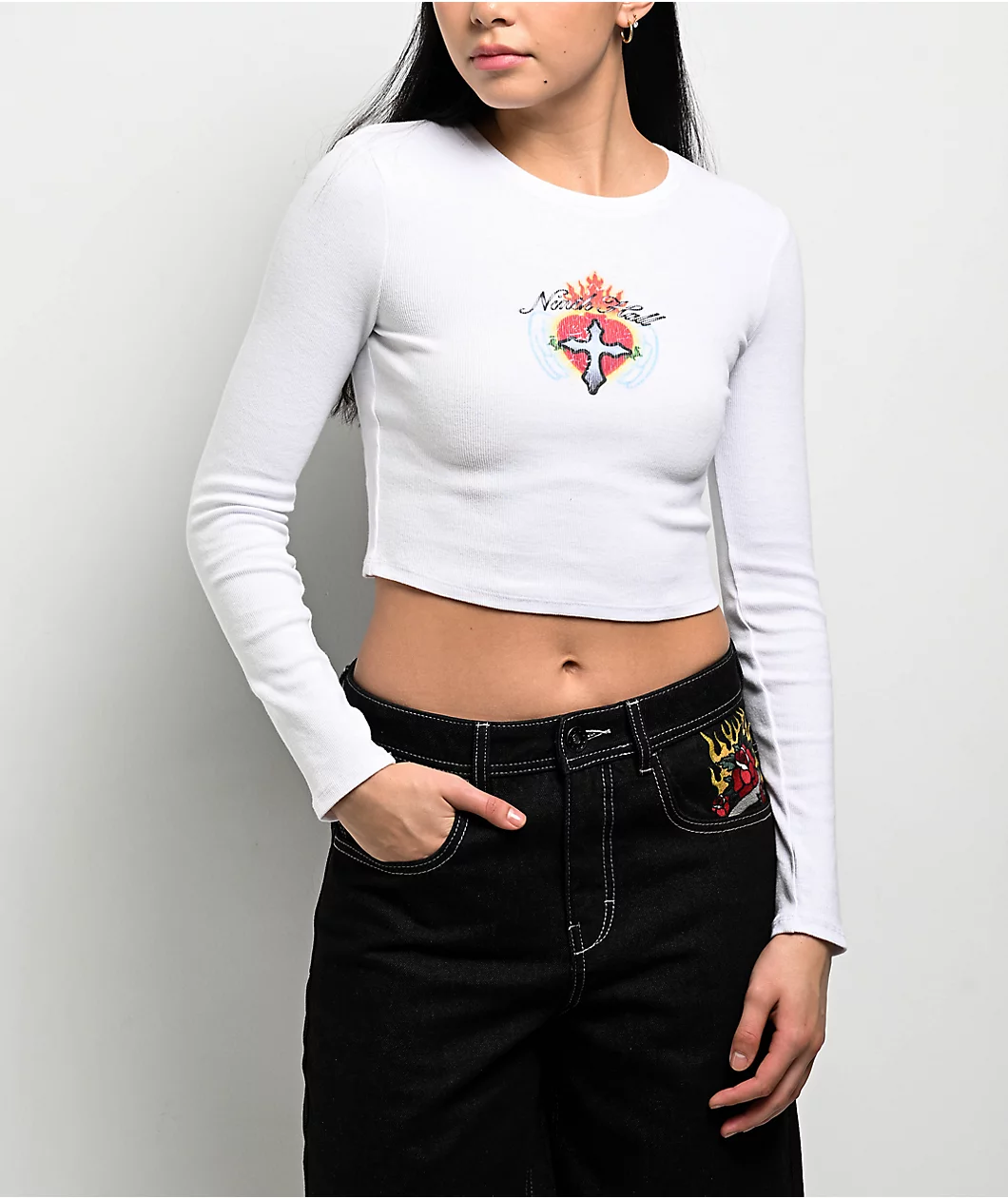 Ninth Hall Livie White Long Sleeve Crop Top