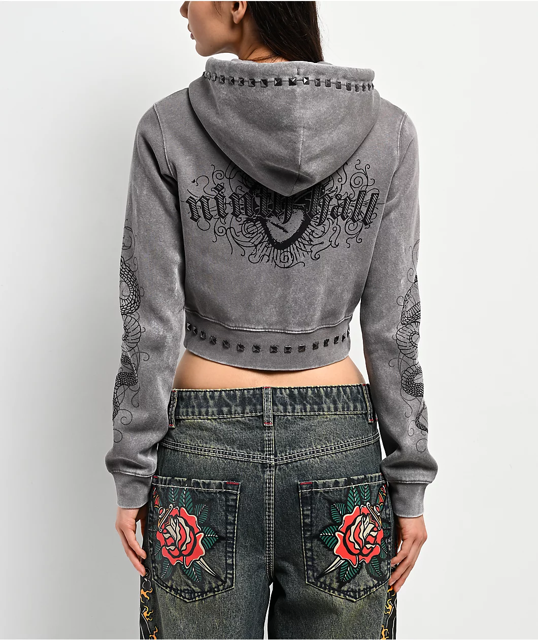 Ninth Hall Melanie Grey Wash Mega Crop Zip Hoodie - Image 2