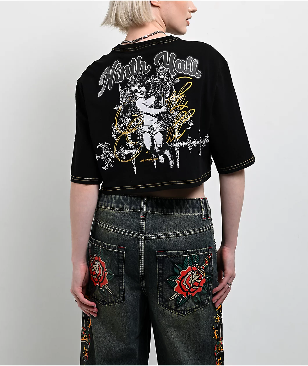 Ninth Hall Olivia Black & Yellow Boxy Crop T-Shirt - Image 2
