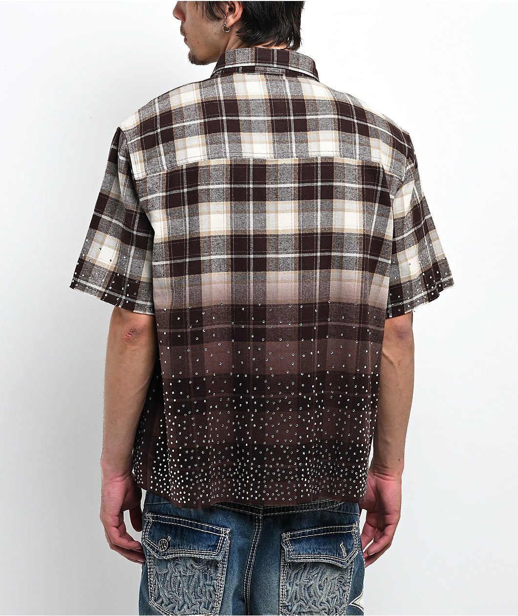 Ninth Hall Public Plaid Beige & Black Short Sleeve Button Up Shirt - Image 2