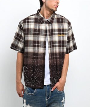 Ninth Hall Public Plaid Beige & Black Short Sleeve Button Up Shirt